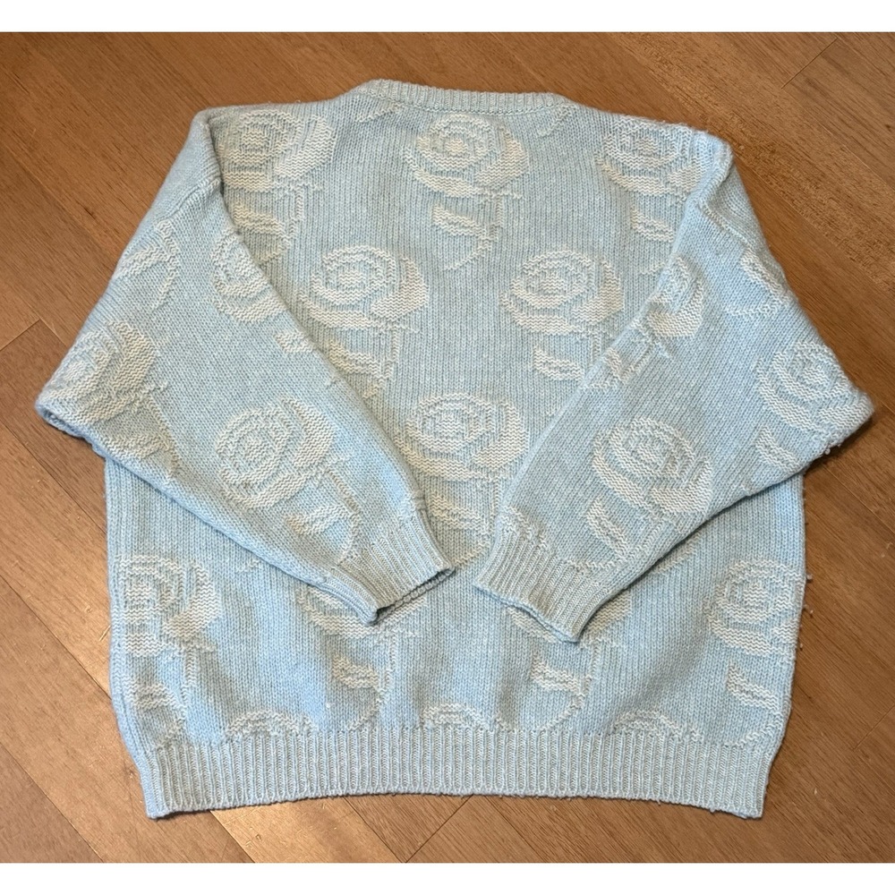 Vintage Benetton Sweater Womens M Shetland Wool Floral Blue Roses Boho EUC VTG - Picture 4 of 7